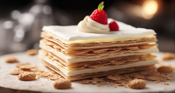 Create a close-up photograph of a single yummy wafer with layers of crispy goodness and luscious cream oozing out. Emphasize the realistic details of the wafer's texture -AI Generative