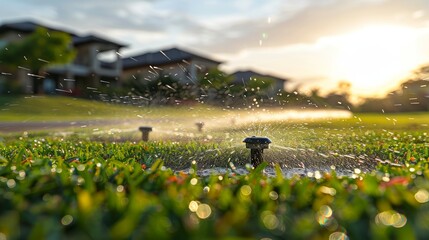 Sprinkler Spraying Water on Lawn - 751367082