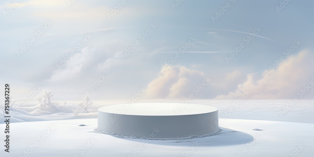 Poster on a wintry day, a stark white podium stands against the backdrop of a peaceful sky, with a round ob