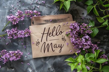 Hello May hand lettering card. Spring lilac flowers in envelope. banner