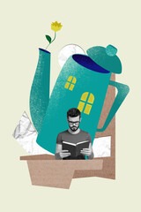 Vertical collage image of mini black white effect guy read book big kettle tea pot shape building...