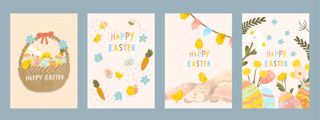 Fototapeta na wymiar Happy Easter set for holiday posts, in a hand-drawn style in a trendy design. With funny bunnies, Easter eggs, little yellow clings and spring flowers.