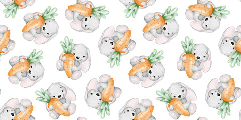 Cute bunny is holding fresh carrots with leaves. Hare hugs huge carrot. Isolated watercolor seamless pattern. Print for children's goods, Easter cards, baby's textiles and scrapbooking.
