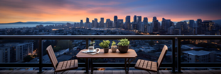 Luxurious high rise balcony view with cityscape backdrop and twilight skyline