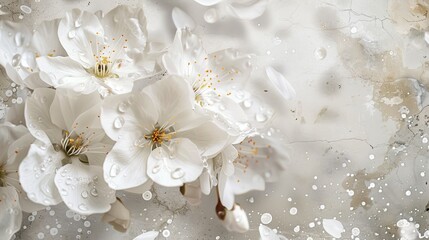 Fototapeta na wymiar snow-white flowers adorned with delicate water splatters against a wallpaper backdrop, creating a serene and tranquil scene that evokes a sense of peace and serenity.