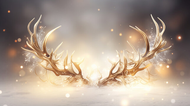 Golden deer horns with smoke background with blur lights, golden stage horns, generative AI