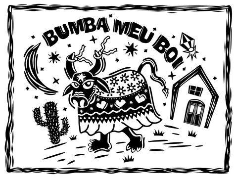 Bumba meu boi. Traditional folk dance from north-eastern Brazil. Cordel woodcut illustration.