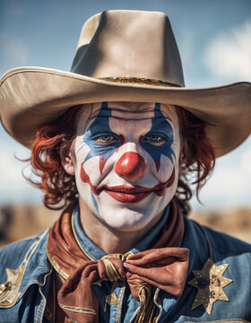 Portrait of a rodeo clown wearing a cowboy hat and face paint.
