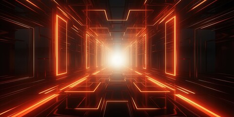 Breakthrough concept. Black maze like sci-fi style corridor or shaft background with red orange glow ahead. Abstract Exit or goal concept.