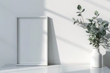 a white frame on a white surface next to a plant