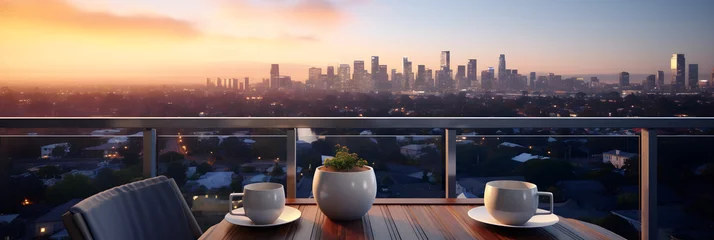 Deurstickers Luxurious high rise balcony view with cityscape backdrop and twilight skyline © Dora