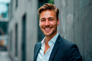 Attractive german business man smiling in suit jacket with leader attitude. business success concept  - obrazy, fototapety, plakaty