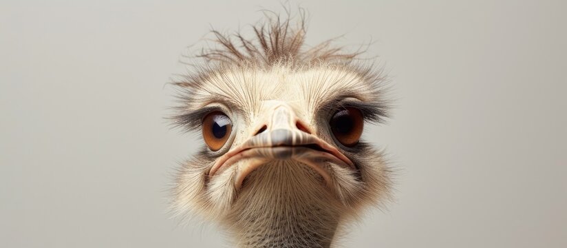 An ostrich with a sad expression on its face looks directly at the camera with a somewhat comical gaze. The large birds eyes convey a sense of melancholy as it stands in its natural habitat.