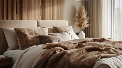 a cozy bed in a contemporary bedroom, with soft pillows, plush blankets, and warm lighting inviting viewers to unwind and relax in the comforting embrace of modern luxury.