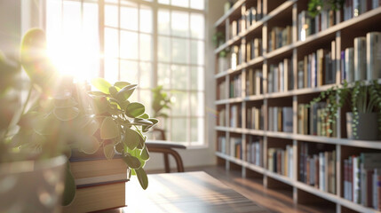 Image of wooden book shelf with books and green plant pot background with sun shines, stylish home library, generative AI
