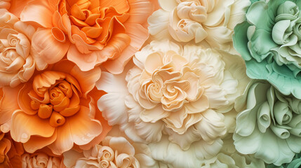 The flowers, reminiscent of sculpture. In pastel pink and blue tones. Abstract trendy background. Generative AI