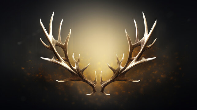Abstract deer horns with golden light on the dark background, shining deer horns, generative AI