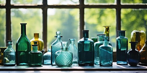 Hand made glass bottles and jars on a counter in front of a window. Glass craft atelier or glass workshop. Handmade glass containers in blue green.