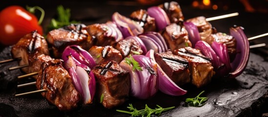 A close-up view of a skewer of grilled meat and onions, expertly seasoned and charred to...