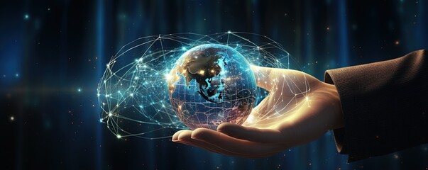 Hand holding Global network connection to big data around the world.a nd tecnology internet metaverse concept