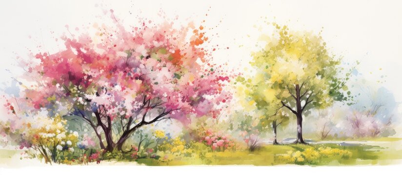 A watercolor painting depicting trees in a field, with colorful flowers, a blooming tree, and delicate pink leaves. The scene captures the beauty of nature in a bright summer garden against a white