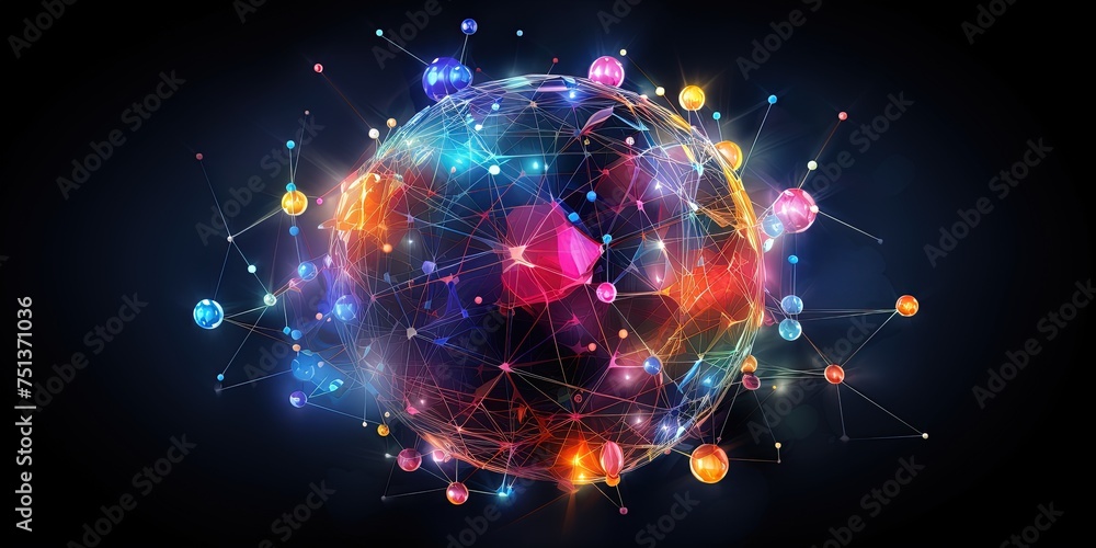 Aufkleber central orb within a colorful network of connected nodes and vibrant connections