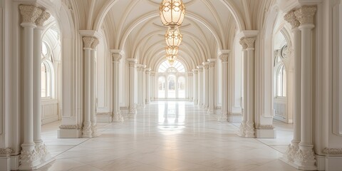 A majestic hallway of symmetrical arches, adorned with intricate moldings and a dazzling chandelier, showcases the grandeur of the building's majestic architecture