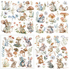 Watercolor Collection of cute characters and flowers in childish style isolated on white background. Cute mice, bunnies, frogs, flowers, mushrooms