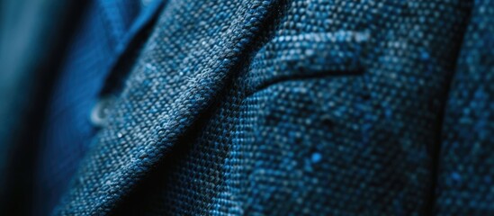 This close-up view showcases a stylish blue suit jacket with a textured finish, highlighting its intricate design and premium quality. The details of the tailored cut and fabric can be observed up - obrazy, fototapety, plakaty