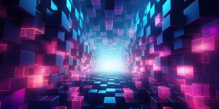 Futuristic digital artwork featuring glowing pink and blue cubes with a central light source - Powered by Adobe