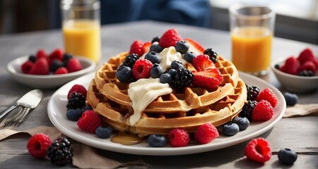 Illustrate a scene of a breakfast table with a plate of ultra-realistic waffles, adorned with a variety of toppings such as fresh berries, whipped cream, and a drizzle of maple syrup.-AI Generative