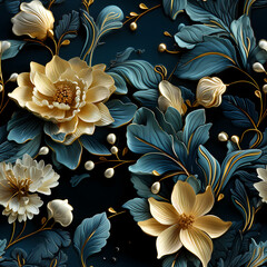 A luxury seamless pattern featuring exquisite elements like golden filigree - obrazy, fototapety, plakaty