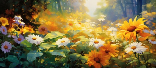 A painting depicting a scene of sunflowers and daisies blooming in a forest setting, surrounded by lush green foliage and vibrant orange hues.