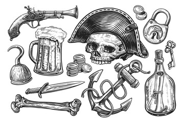 Pirate concept. Hand drawn objects engraving style. Sketch illustration