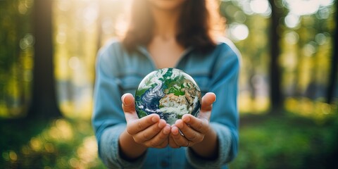 Beautiful young woman activist holding planet earth globe in her hand in climate action and environmental conservation concept