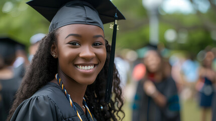 a radiant college graduate with smile. Dressed in her cap and gown,  she exudes pride and happiness. 