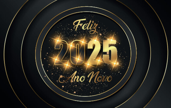 cartão ou banner para desejar um feliz ano novo de 2025 em ouro e preto com estrelas brilhantes em quatro círculos dourados em um fundo preto