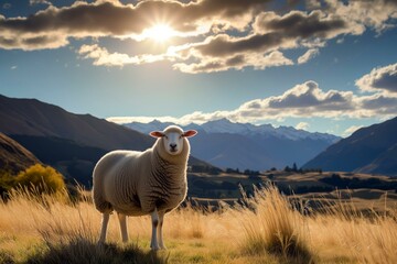 Sheep grazing at sunset in mountain landscape of South Island of New Zealand