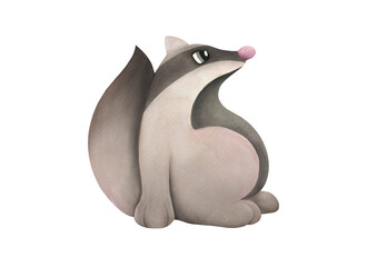 cute badger with white and black stripes and fluffy tail is sitting. watercolor forest Woodland Wildlife animal. funny cartoon clipart illustration for kids