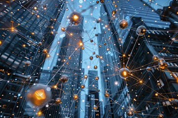 Blockchain Loyalty Webs, An intricate web of lights representing blockchain-enabled loyalty programs, illuminating the connections between customer engagement and rewards across franchise locations. - obrazy, fototapety, plakaty