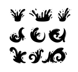 Water drops, black sea ocean waves stencil. Liquid elements, cry droplet icons vector set. Ink, sauce, river isolated splashes	
