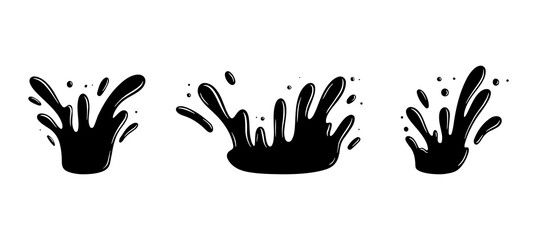 Water drops, black sea ocean waves stencil. Liquid elements, cry droplet icons vector set. Ink, sauce, river isolated splashes	