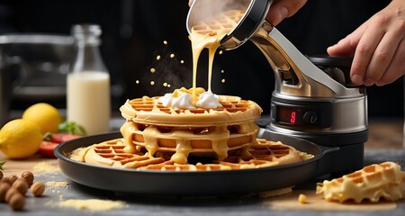 Compose an image of a chef carefully pouring batter into a waffle iron, with the steam rising as the waffle cooks to perfection. Highlight the realistic details of the cooking process-AI Generative
