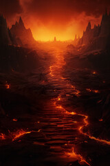 Apocalyptic inferno underworld landscape with road to hell. Life after death religious concept.