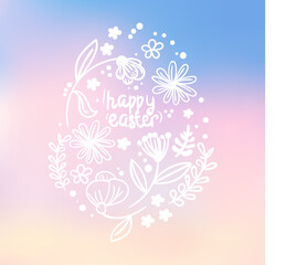 Happy Easter eggs doodle style. Calligraphic hand drawn flowers on soft pink and blue tones background.