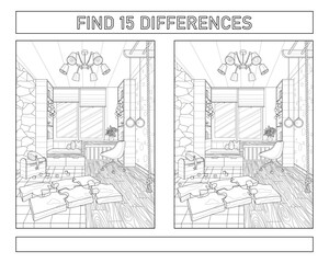 Find 15 differences. The interior of the children's room. Coloring book for adults. Black and white vector illustration.