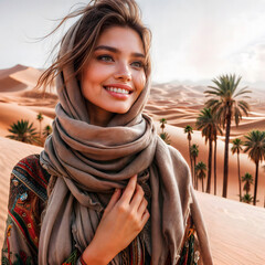 portrait of woman with headscarf in desert - obrazy, fototapety, plakaty