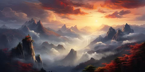 Photo sur Plexiglas Matin avec brouillard Nature's canvas painted with a fiery sunrise over a rugged mountain range, blanketed in a mystical fog and framed by the ever-changing sky