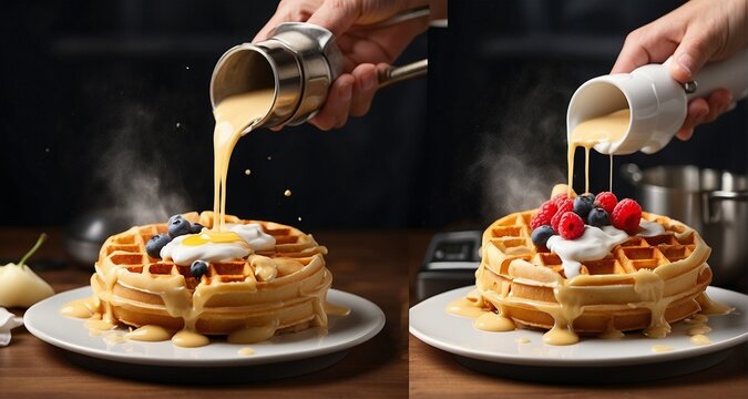 Compose an image of a chef carefully pouring batter into a waffle iron, with the steam rising as the waffle cooks to perfection. Highlight the realistic details of the cooking process-AI Generative