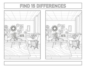 Find 15 differences. The interior of the living room boho. Coloring book for adults. Black and white vector illustration.